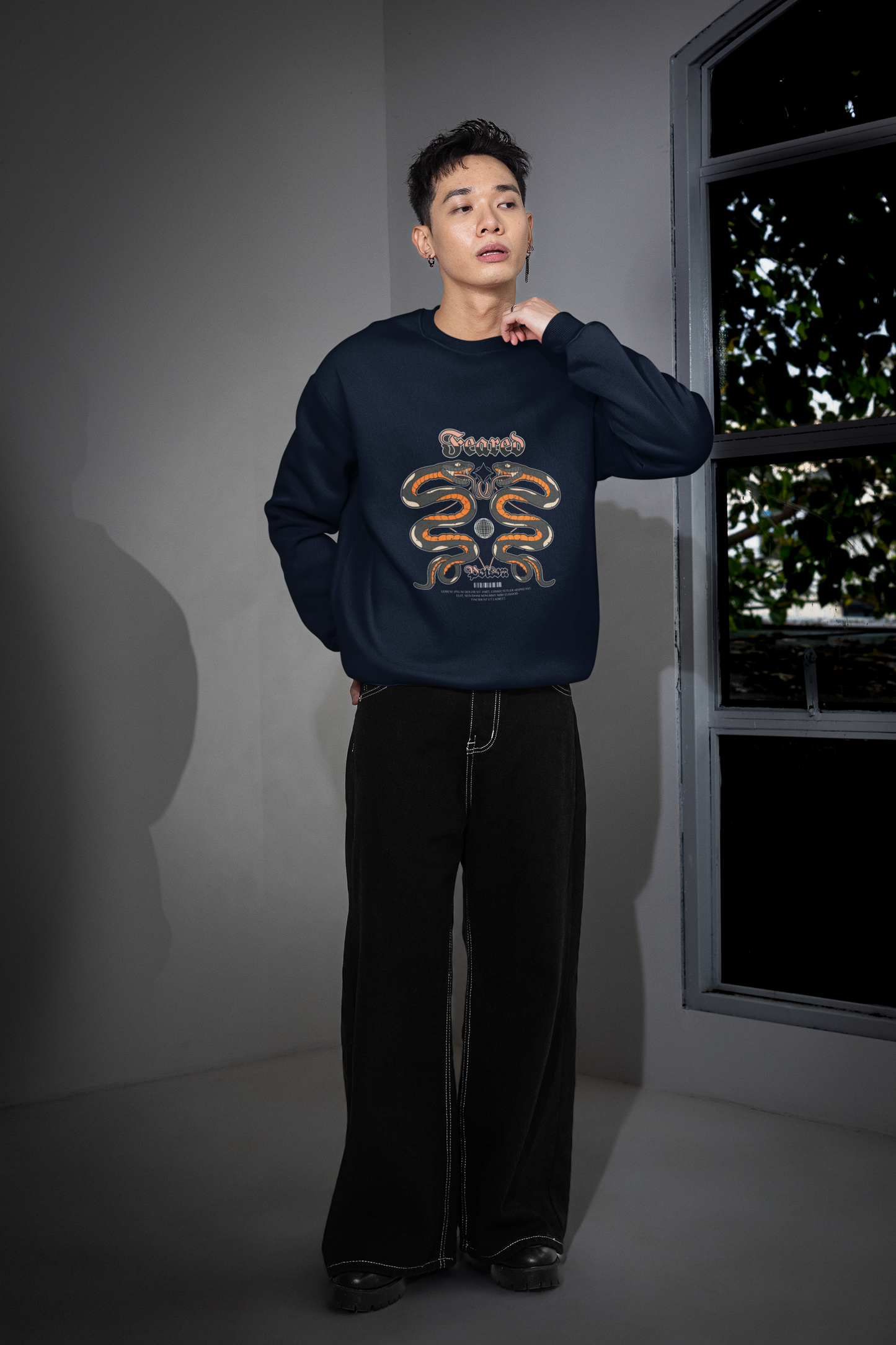 “Feared System” Snake Graphic Sweatshirt – Navy Blue