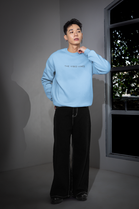 Baby Blue Oversized “WAS’ UP?” Hand Character Sweatshirt – Unisex Streetwear by Vibed Vines