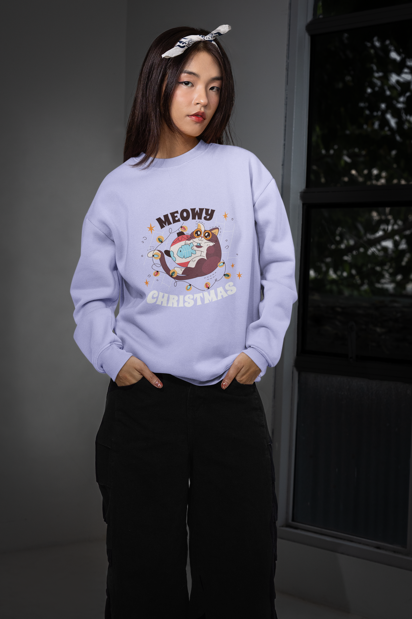 The Vibed Vines “Meowy Christmas” Holiday Sweatshirt – Lavender