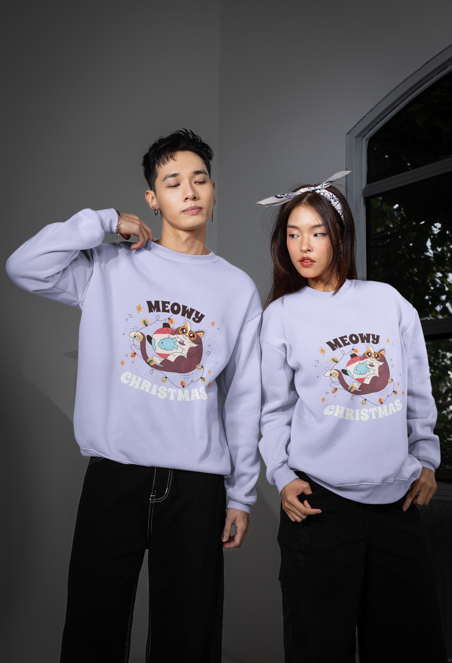 The Vibed Vines “Meowy Christmas” Holiday Sweatshirt – Lavender